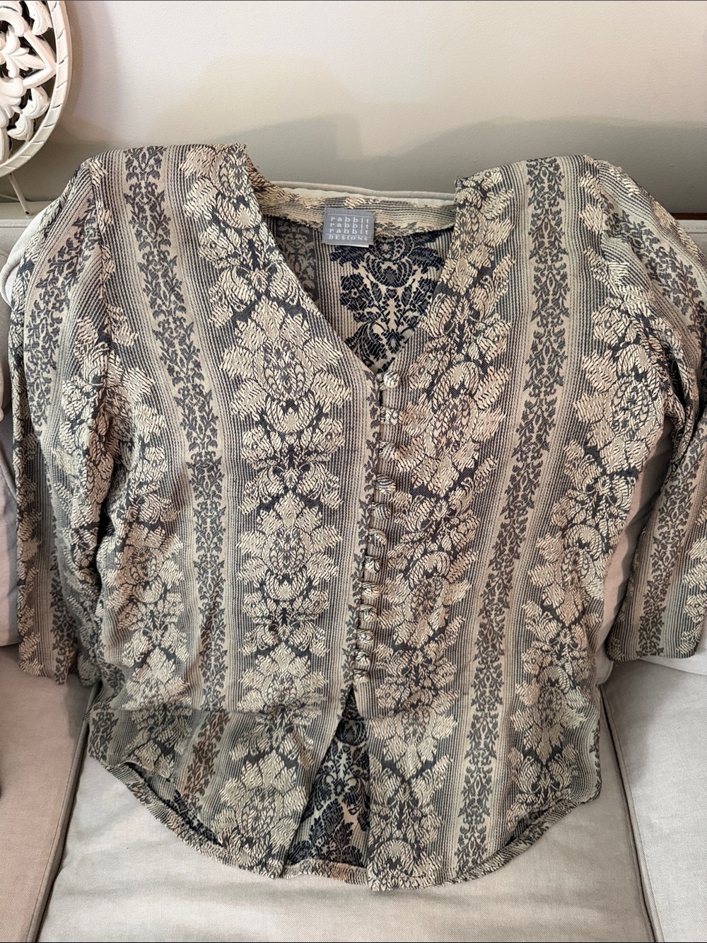Rabbitt Designs Vintage Peruvian Beige and Black Floral Button-Front Shirt